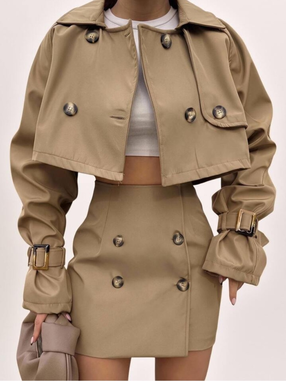 Buckle Raglan Sleeve Epaulettes Design Crop Trench Coat,Autumn Clothes